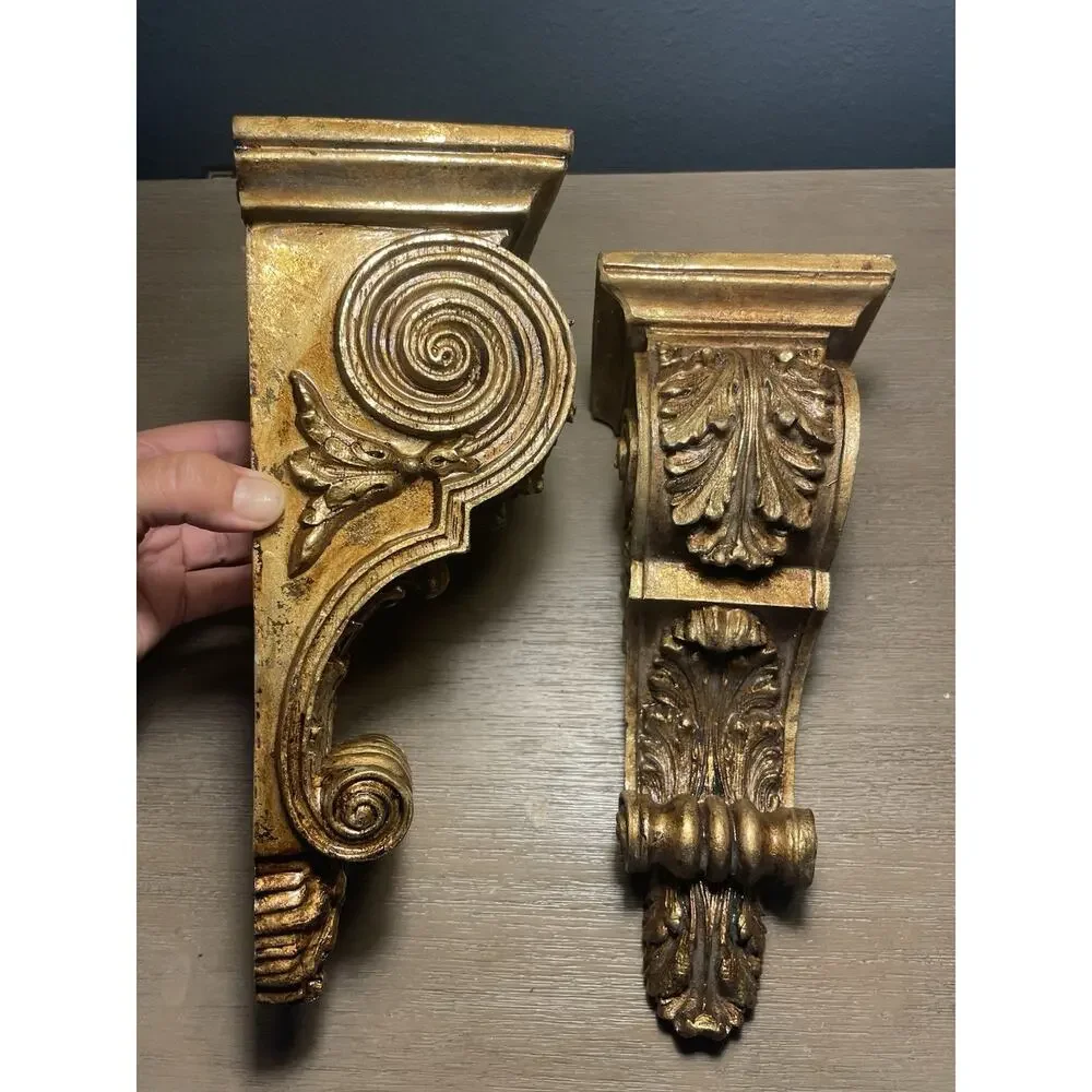 Vintage Pair Gold Gilt Acanthus Leaf Wall Corbels Ornate Shelf Brackets 14”